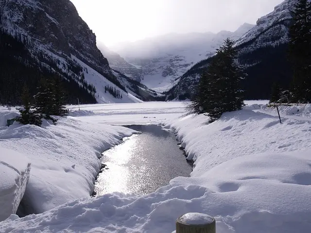 A frozen creek with trees and mountains in background